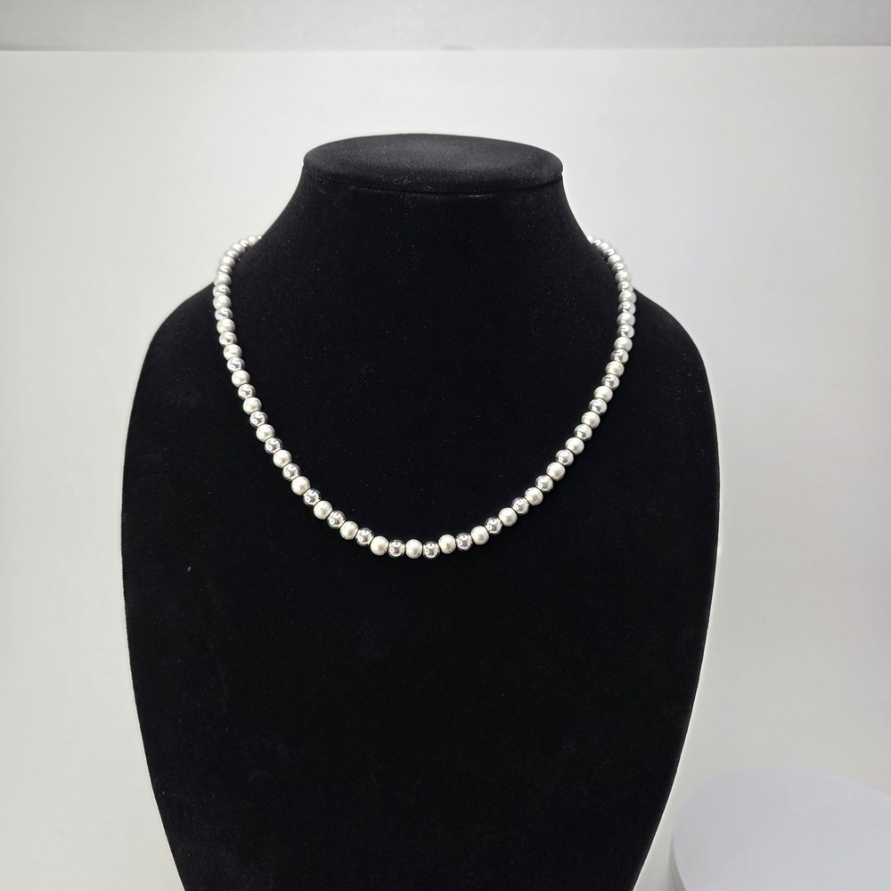 VTG Napier Silver Tone Beaded Necklace Signed 20" Alternate Brushed & Smooth 6mm - Picture 2 of 6